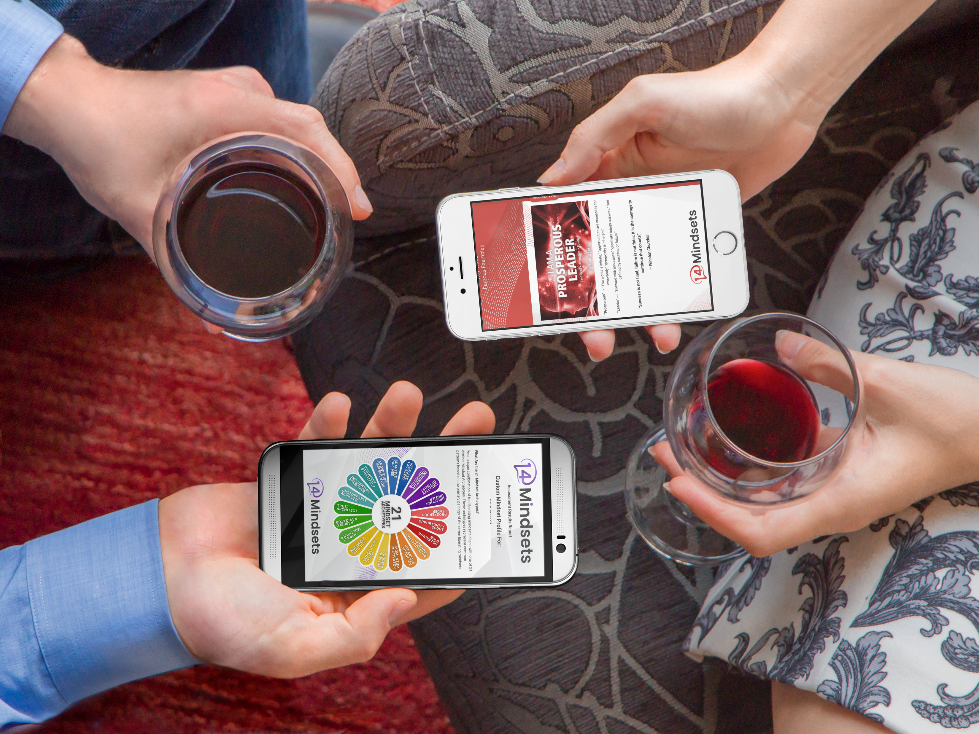 Multiple smartphones showing different archetype profiles across diverse individuals